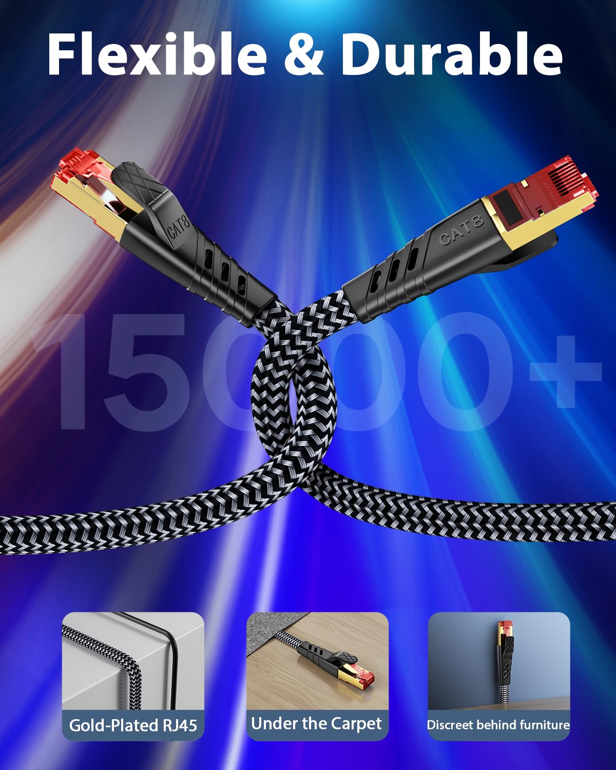 Kabel Ethernet Cat 8 0,5 m, kabel internetowy RJ45, superprzepustowość 40 Gbps 2000 MHz S/FTP, płaski nylonowy kabel LAN kompatybilny z routerem Switch TV Box Internet (0,5 m)