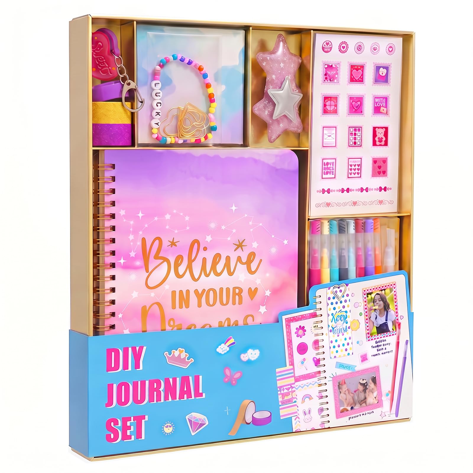 DIY Tagebuch Set für Mädchen ab 8 Jahre, Kinder Tagebuch mit Stiften, Stickern & Accessoires, Scrapbook Set Mädchen, Notizbuch Kinder, Geschenk für Mädchen 8 9 10 11 12 Jahre, Schreibwaren Set