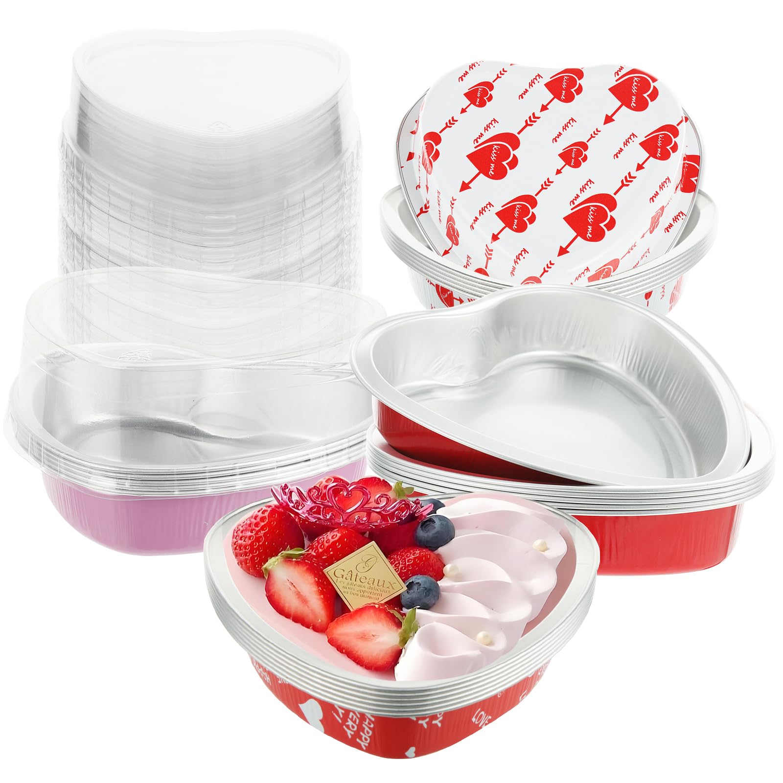 24 Sets Valentine's Day Large Heart Shaped Cake Pans with Lids, 255ml/9oz Disposable Heart Cake Pan Cupcake Baking Cups Liners Tins Ramekins Containers for Valentine's Day Food Wedding Birthday Party
