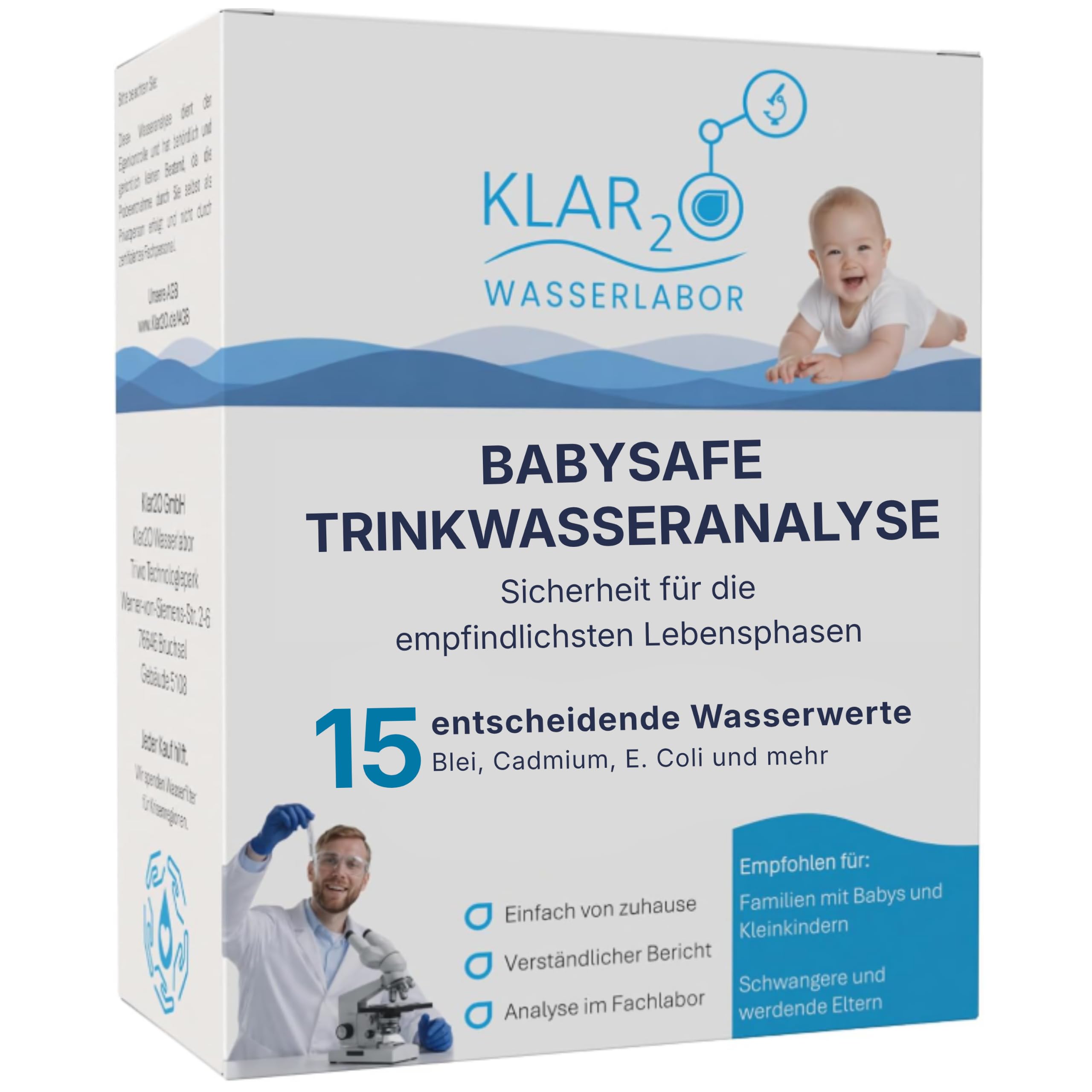 BabySafe Trinkwasseranalyse für Babynahrung – Labor-Wassertest mit 15 Prüfwerten inkl. E. coli, Blei, Cadmium, Nitrat & Wasserhärte