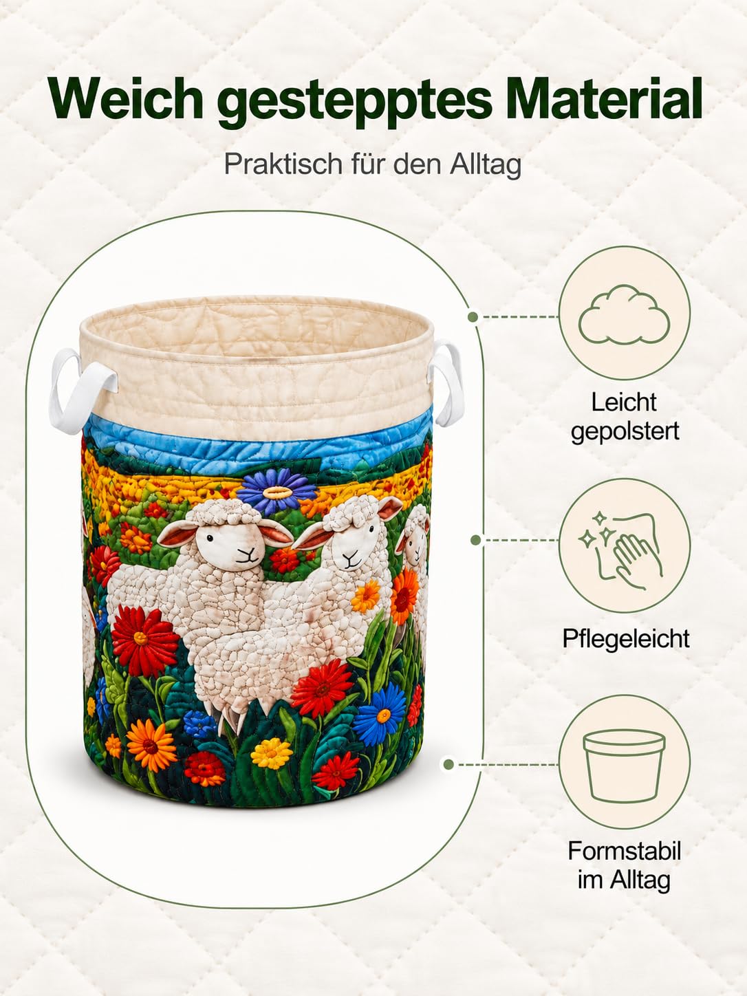 Großer gesteppter Wäschekorb,Faltbarer Gesteppter WäSchekorb Mit Griffen,Boho-WäSchekorbe Mit Steppung,Aufbewahrung FüR Kleidung Und Spielzeug，I：L 20in*28in