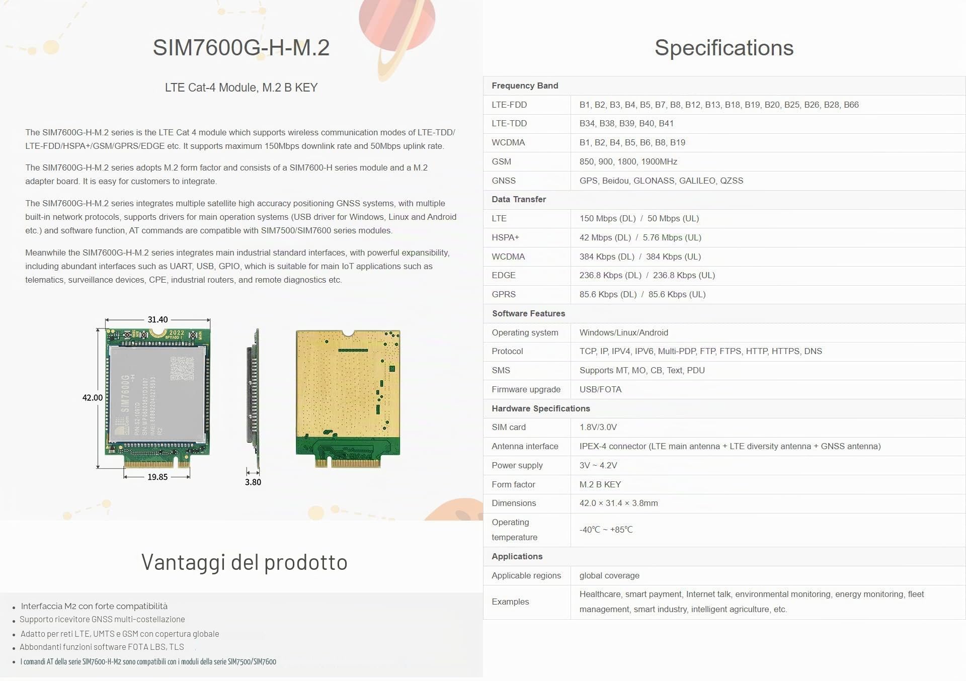 Waveshare SIM7600G-H-M.2 SIMCom Originale 4G LTE Cat-4 Modulo Copertura Globale con Supporto GNSS M.2 B CHIAVE Connettore LTE-TDD LTE-FDD HSPA+ GSM GPRS EDGE