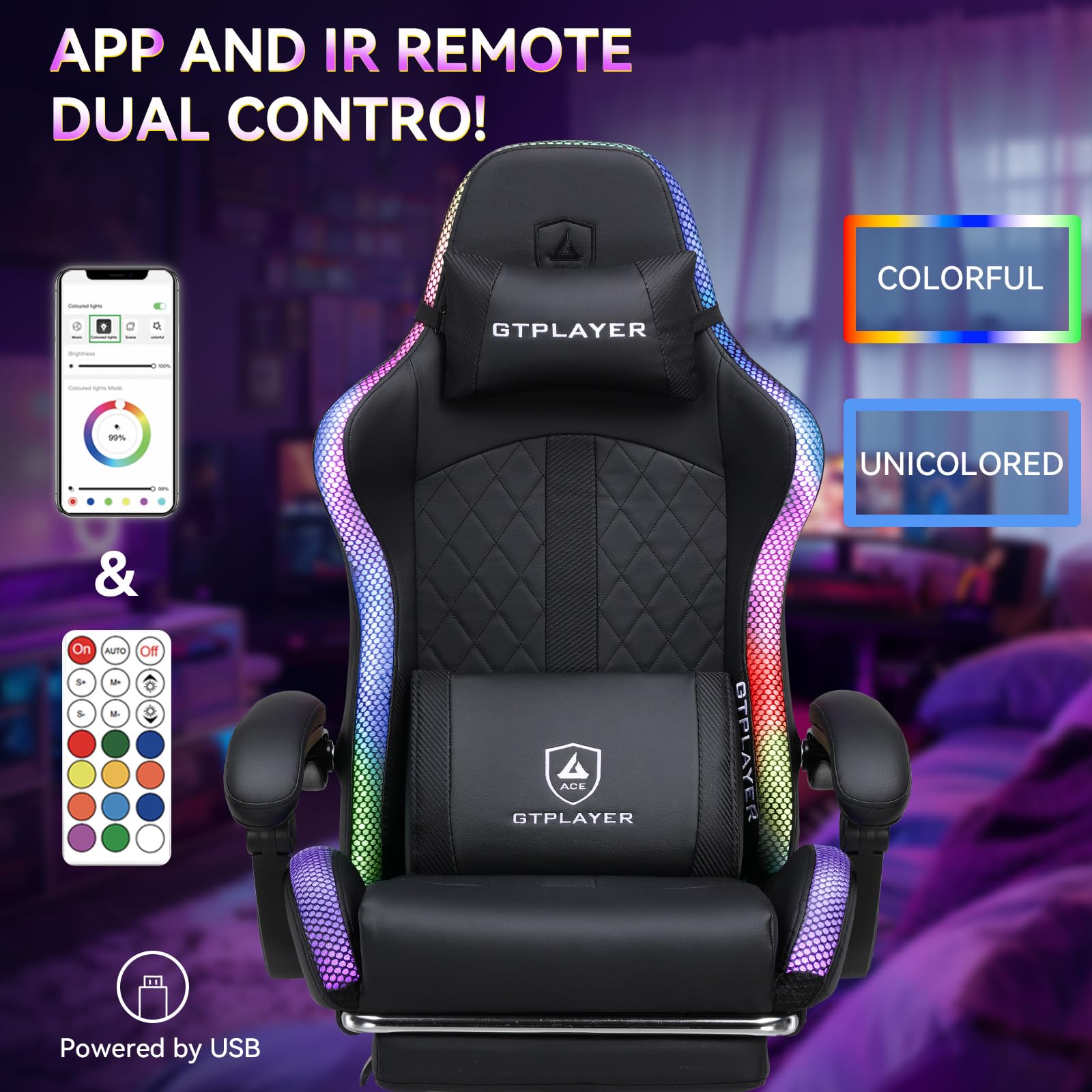 GTPLAYER Silla de gaming, silla de oficina, silla de gaming con altavoz y barra de luz, silla gamer, respaldo con bolsa de almacenamiento, silla ergonómica de PC con mando a distancia