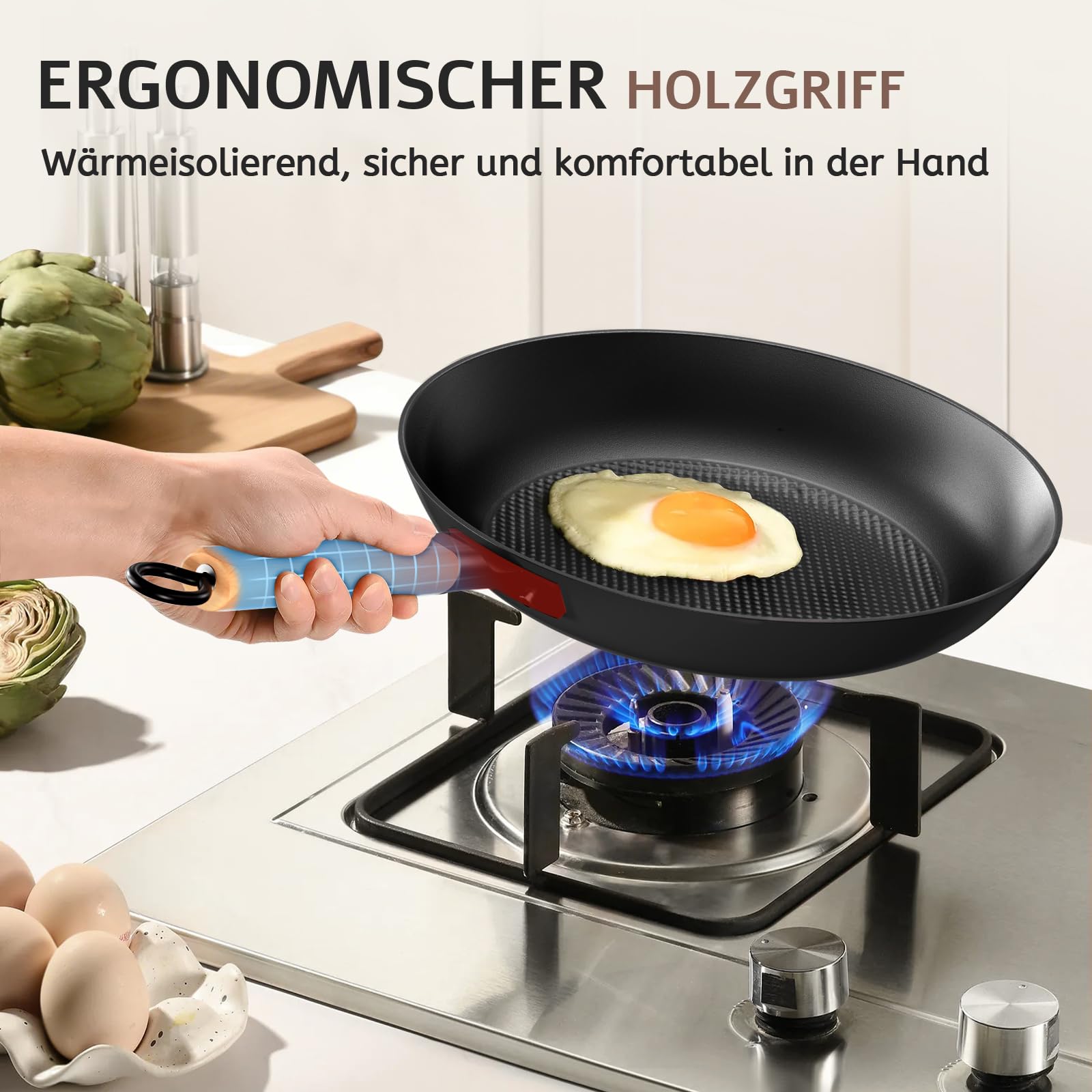 YUTANN Gusseisenpfanne, Antihaft-Bratpfanne, Frying Pan, Abnehmbarer Holzgriff, PFAS-Frei/PFOA-Frei, Beschichtete Pfanne Für Gasherd Induktion Oven (Schwarz, 28cm)