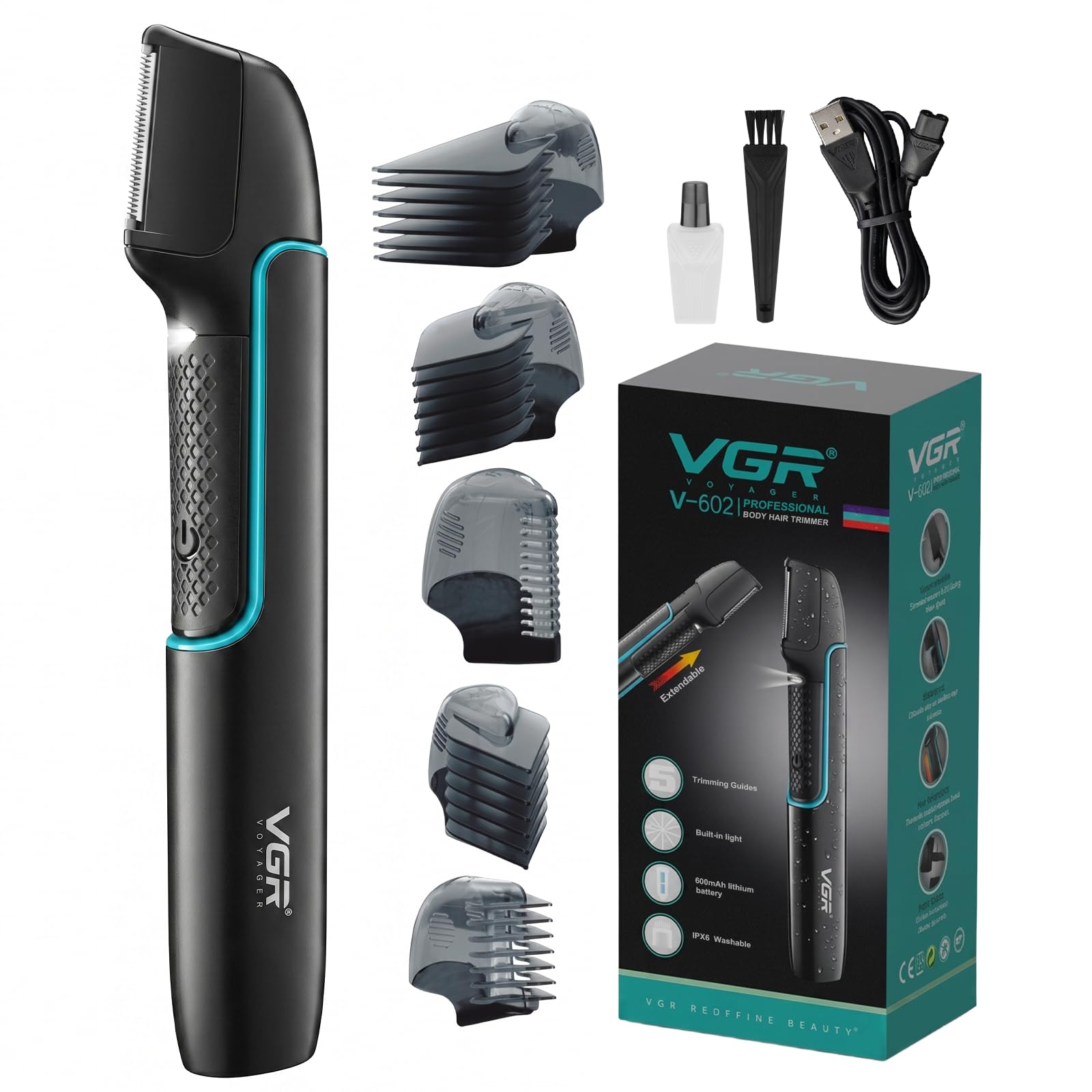 VGR 602 Afeitadora Corporal para Hombre, Cabezal en V, Extensible, IPX6 | Body Groomer con Diseño de Varillas Extensibles, Recortador con 4 Accesorios, Carga USB