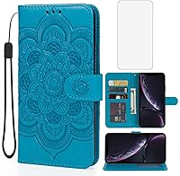 Vista 1 de Funda para iPhone XR, Apple XR Wallet Case con protector de pantalla de vidrio templado, mandala en relieve de cuero con tapa para tarjeta de Azul