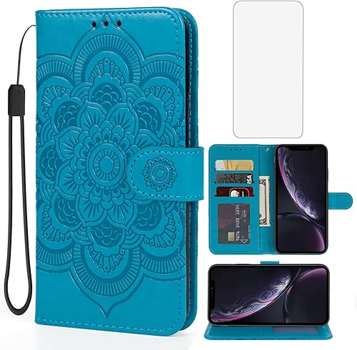 Funda para iPhone XR, Apple XR Wallet Case con protector de pantalla de vidrio templado, mandala en relieve de cuero con tapa para tarjeta de