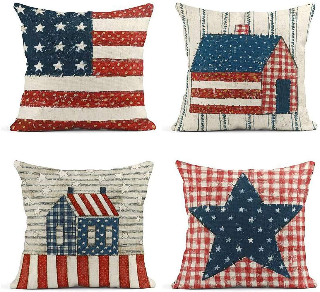 ArtSocket Set of 4 Linen Throw Pillow Covers Day 4Th of July Independence Decorative Pillow Cases Home Decor Square 22x22 inches Pillowcases