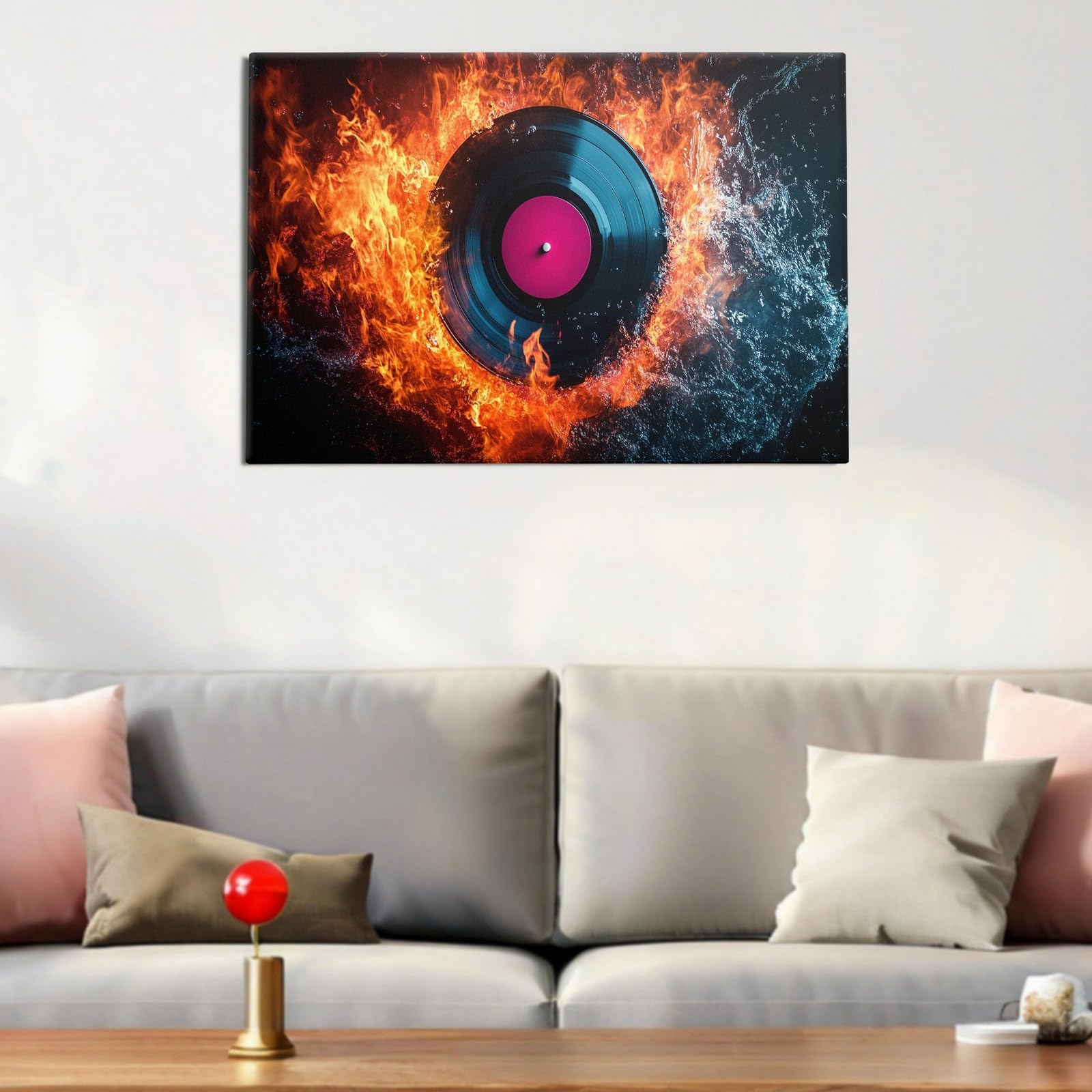 Quadro Moderno Effetto Pittura 70 x 50 cm Dischi in vinile musicali Stampa su Tela Elementi Acqua E Fuoco Decorazione Murale per Soggiorno Camera Cucina Arredo Casa