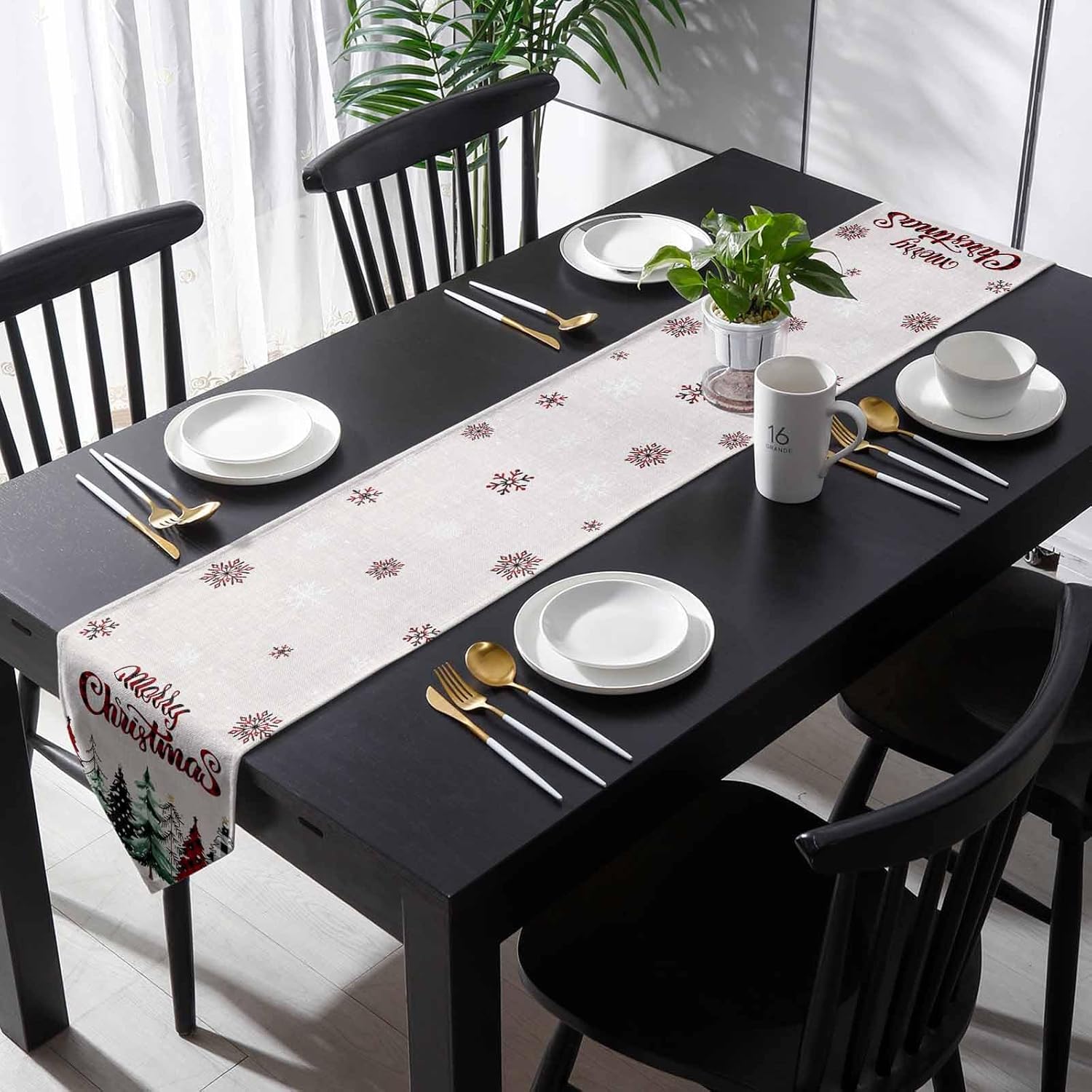 Christmas Table Runner 13x108 Inches Long Cotton Linen Tablerunner, Burlap Table Setting Decor Farmhouse Tabletop Dresser Scarves for Kitchen Dinner Party Rustic Pine Tree Red Green Plaid Dot
