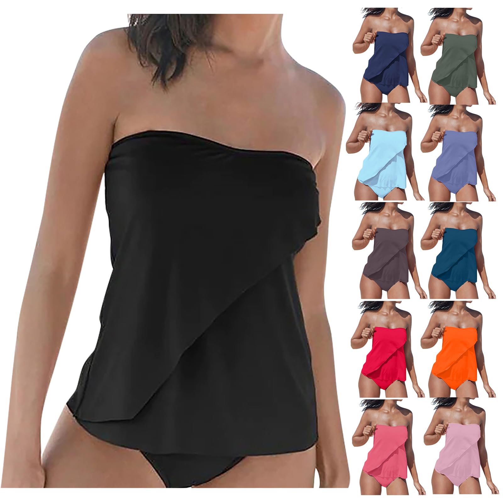 RLEHJN Tankini Damen Bauchweg,Raffung Bandeau Tankini Set Zweiteiliger Badeanzug Mode Bikini Set Flowy Push Up Oberteil mit Bikinihose Sexy Strand Badeanzüge Sommer Swimsuits Bequeme Strandmode
