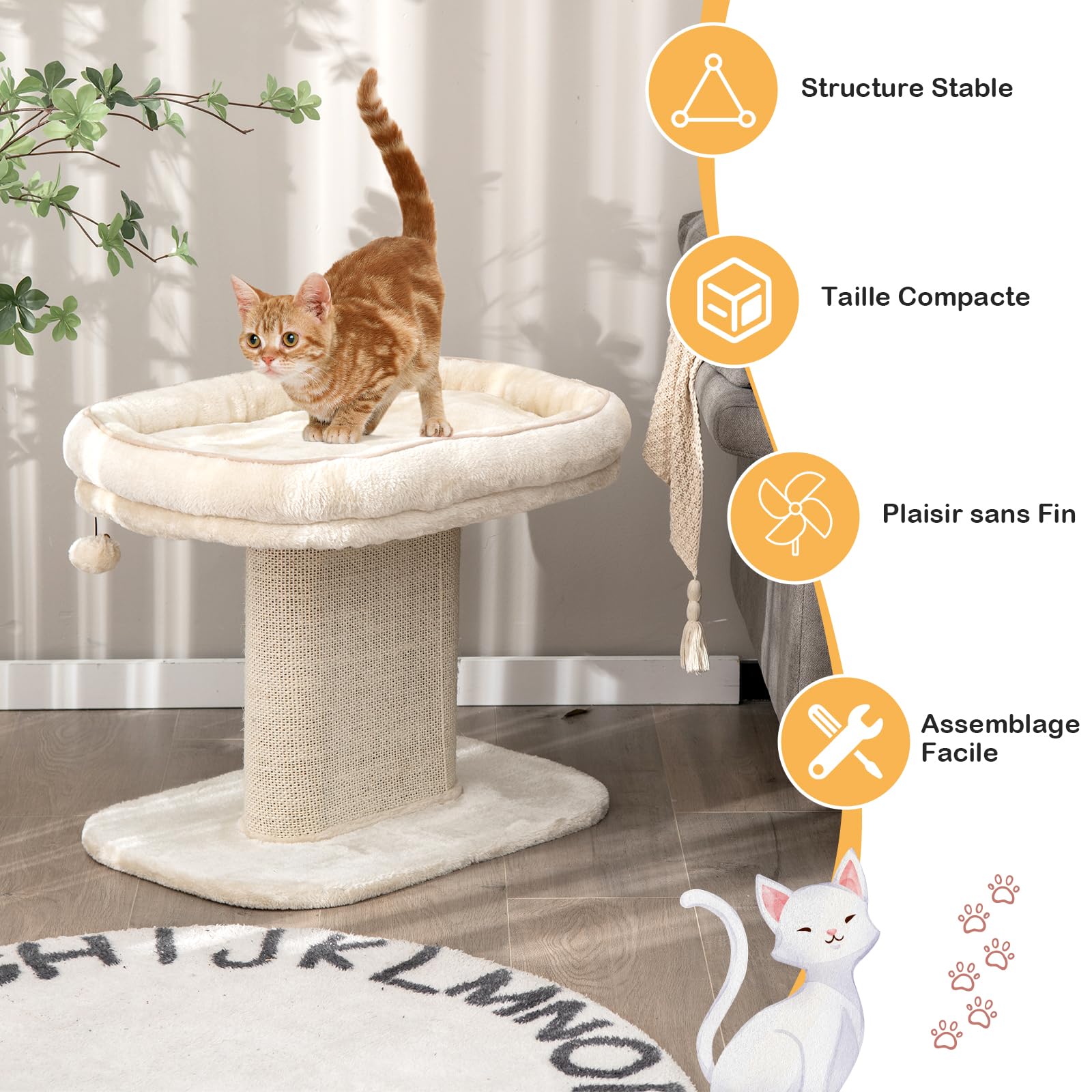 GOPLUS Árbol Rascador Pequeño para Gatos de Altura 50 CM con Poste Rascador de Sisal, Torre de Actividades de Carga 20 KG con Soporte de Peluche y Juguete de Bola Colgante, 59×40×50 CM, Beige