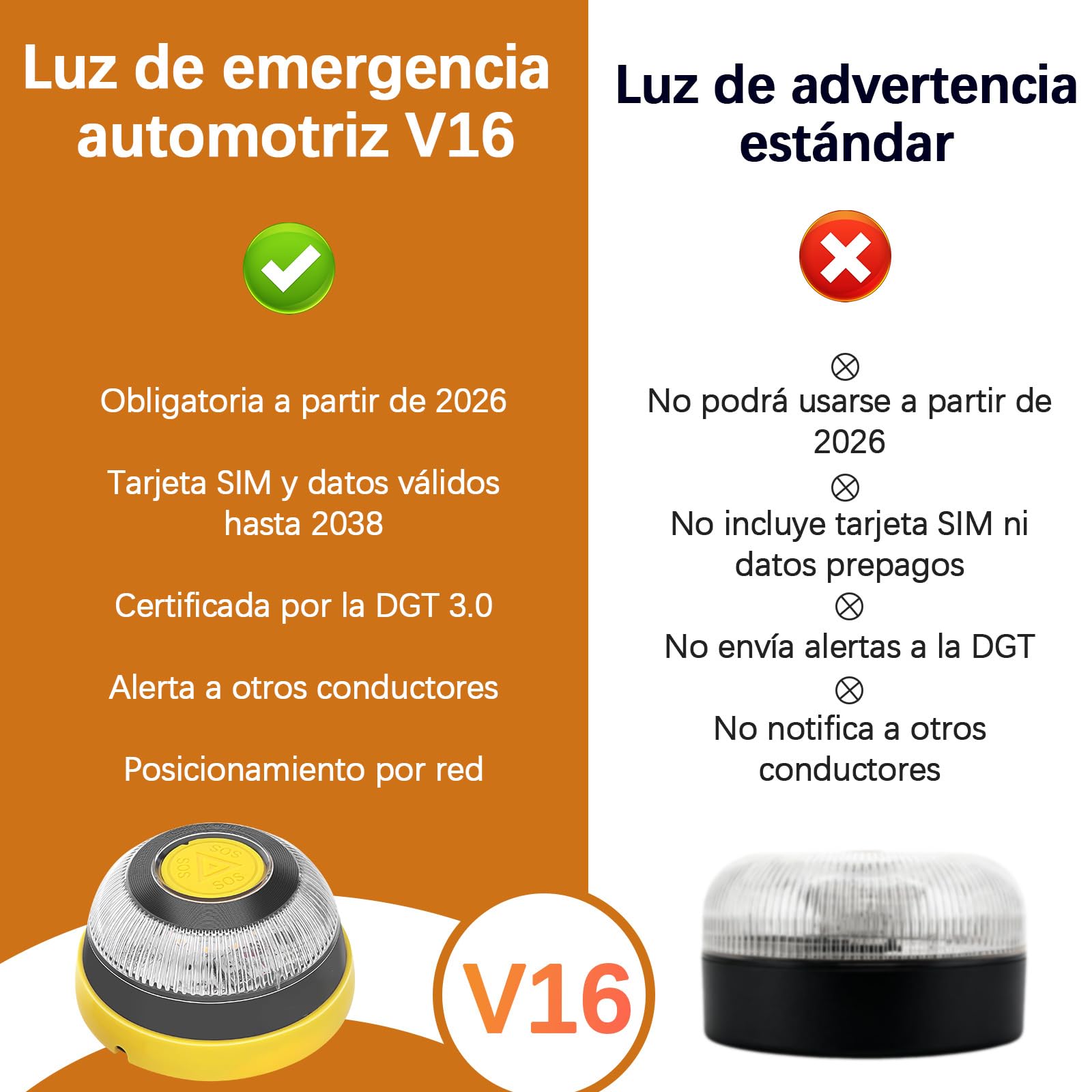 Baliza V16 Homologada DGT con Geolocalización Luz de Emergencia V-16 Conectada DGT 3.0 con SIM y Datos hasta 2038 (L-2PCS)