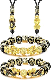 LOLIAS Pi Yao Feng Shui Bracciale Collana Set Perline Bracciale Ossidiana Nera Pi Xiu Bracciale Collana Cinese Intagliato a Mano Bracciale Amuleto Elastico Buona Fortuna Bracciale per Donna Uomo