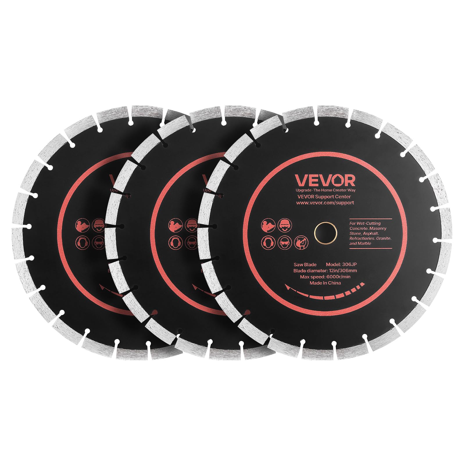 VEVOR Disco de Corte de Diamante 306 mm, Juego de 3 Piezas, Disco para Rozadora de Pared con Segmentos 2 mm, Eje 25,4 mm, Núcleo de acero 65Mn para Ladrillo Hormigón Mampostería Cableado y Tuberías