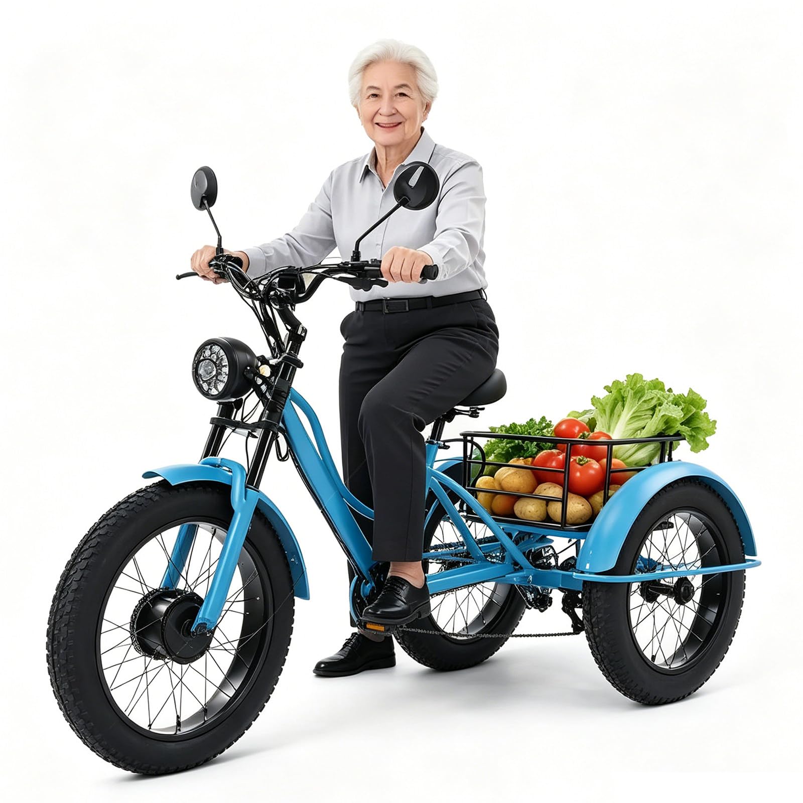 Triciclo Eléctrico Adultos 24 cale, 200 kg Carga, Altura Ajustable, Cesta Trasera, Ejercicio, Compras, Azul