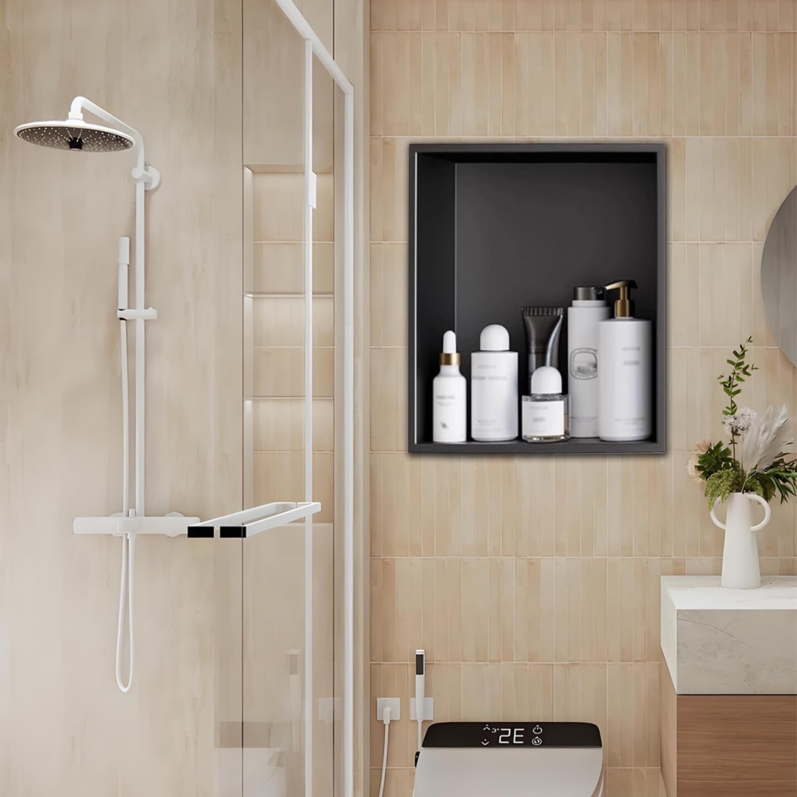 Niche de douche noir mat encastrable étagère inox salle de bain rangement mural moderne