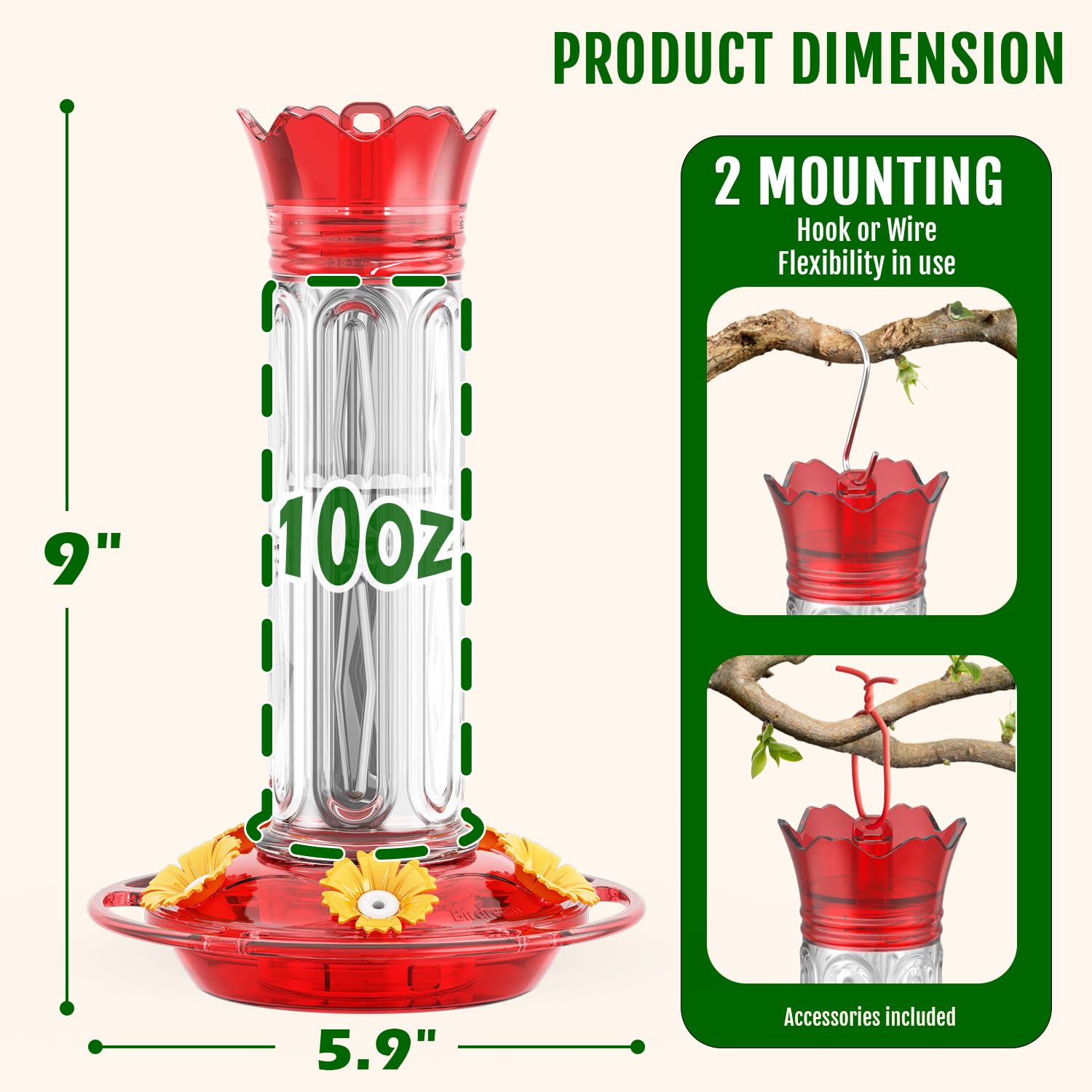 Birdream 2 Pack Hummingbird Feeders for Outdoors Hanging, Plastic Bird Nectar Feeder with 5 Bee Guard Feeding Ports & Cleaning Brush, Leak Proof, Built-in Ant Moat, 20 Ounces Total, Red - 3