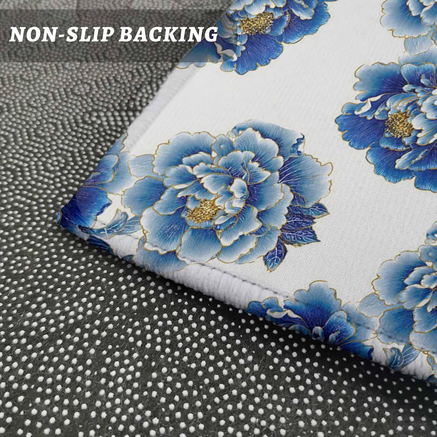 Teamery Kitchen Mats for Floor Farmhouse Peony Flower Washable Non Slip Kitchen Rugs 1PCS, Summer Blue Ombre Floral Seamless Absorbent Standing Mats for Sink Bathroom Office Living Room 15.7x47.2in