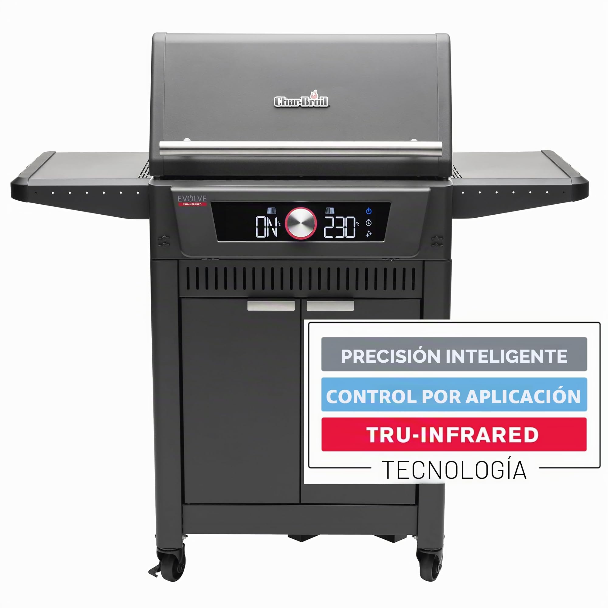 Char-Broil Barbacoa Gas Inteligente EVOLVE Gas con App y 2 zonas de cocción | Cocción precisa 90-370 °C, Función limpieza, 2 sondas de temperatura incluidas, 4 quemadores inox, Parrillas hierro fundido