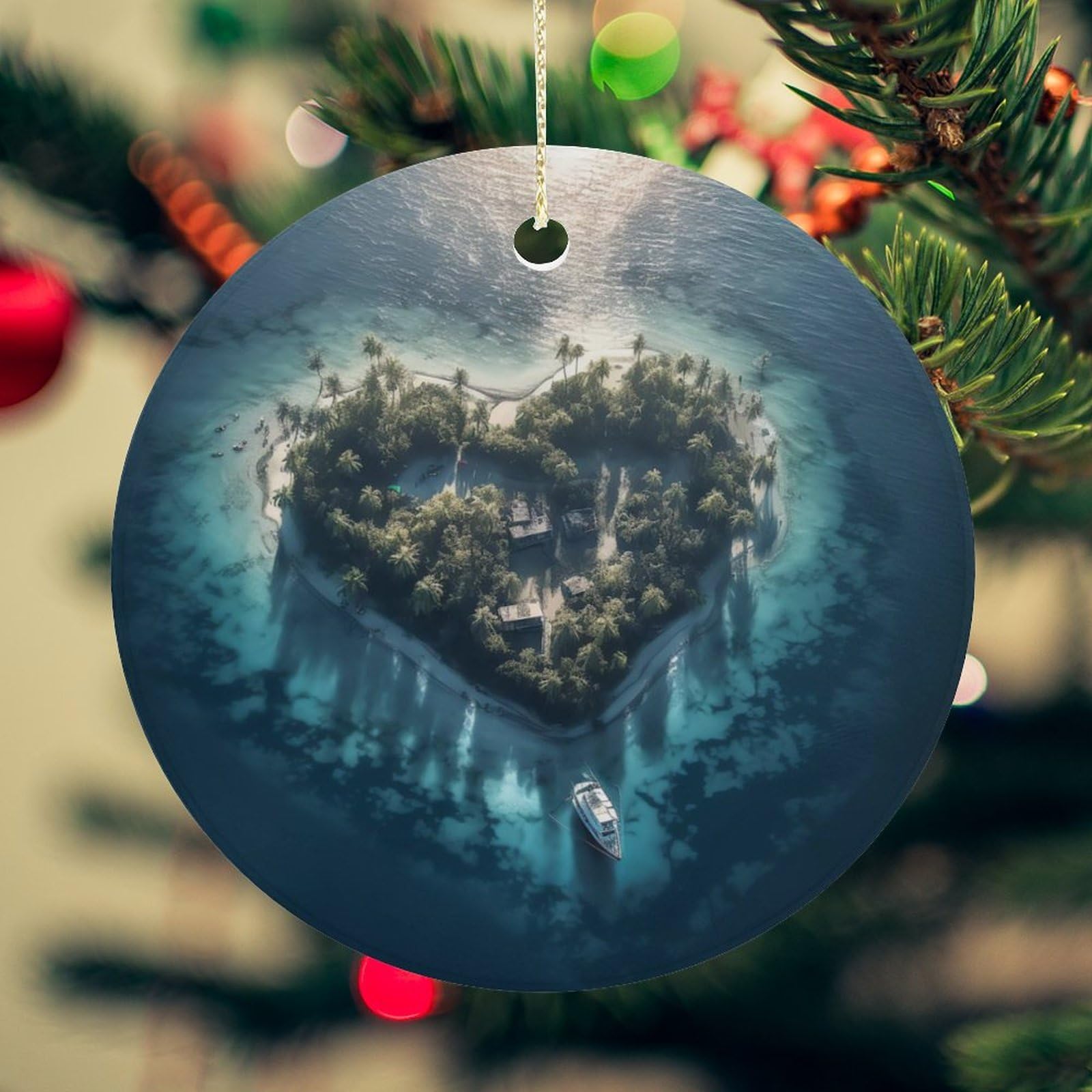 Heart Shaped Island Christmas Ornament for Christmas Tree Ceramic Round Ornament Winter Holiday Keepsake Gift 2.7" Christmas Tree Hanging Decorations Circle Ceramic Pendant Xmas Gift