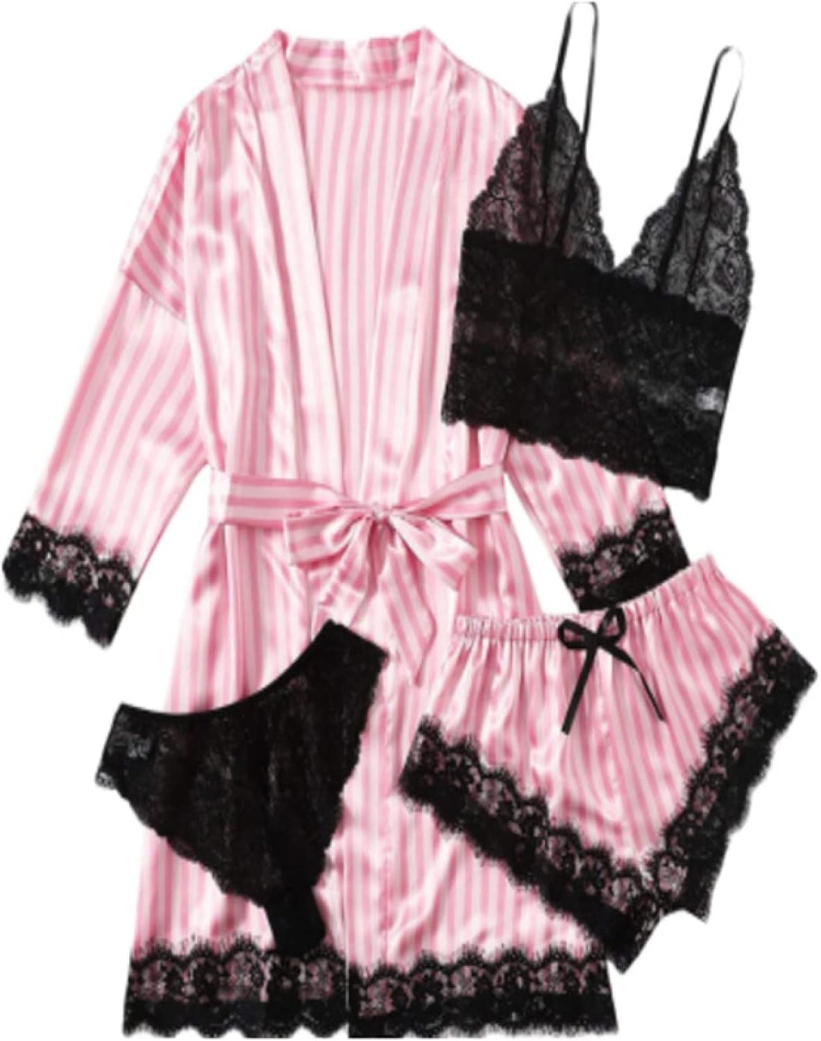 Summer Sexy Floral Lace Pajamas Set 4Pcs/Set - Women'S Satin Robe Nightwear Lounge Set Trim Shorts Lingerie With Cami Sleepwear Home Clothes Soft Homewear For Adults Outfits Suit ( Color : Picture Col
