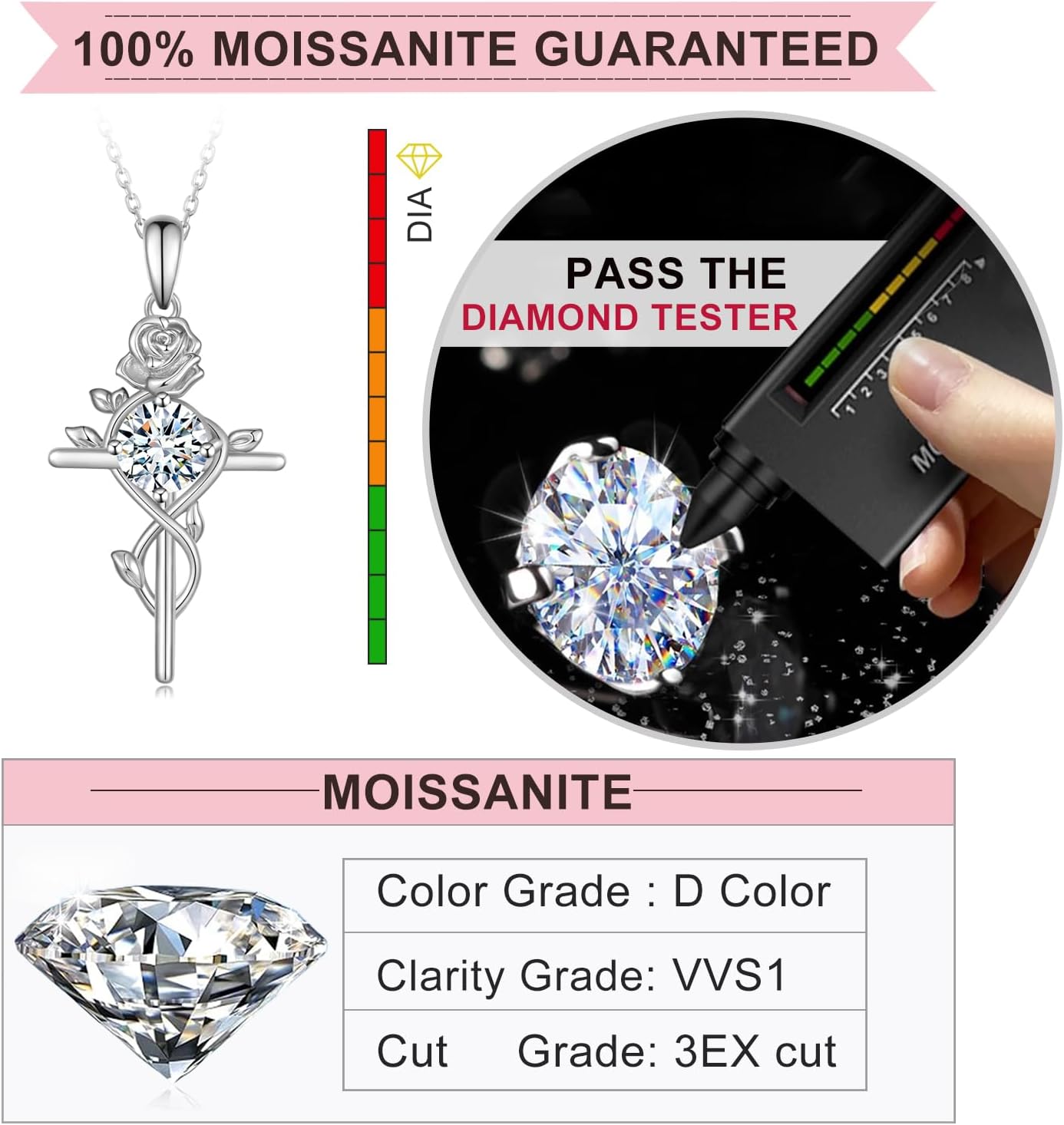Cross Moissanite Necklace 925 Sterling Silver Moissanites Necklace for Women Cross Pendant with Moissanite Stone Jewelry Gifts for Women - Image 4