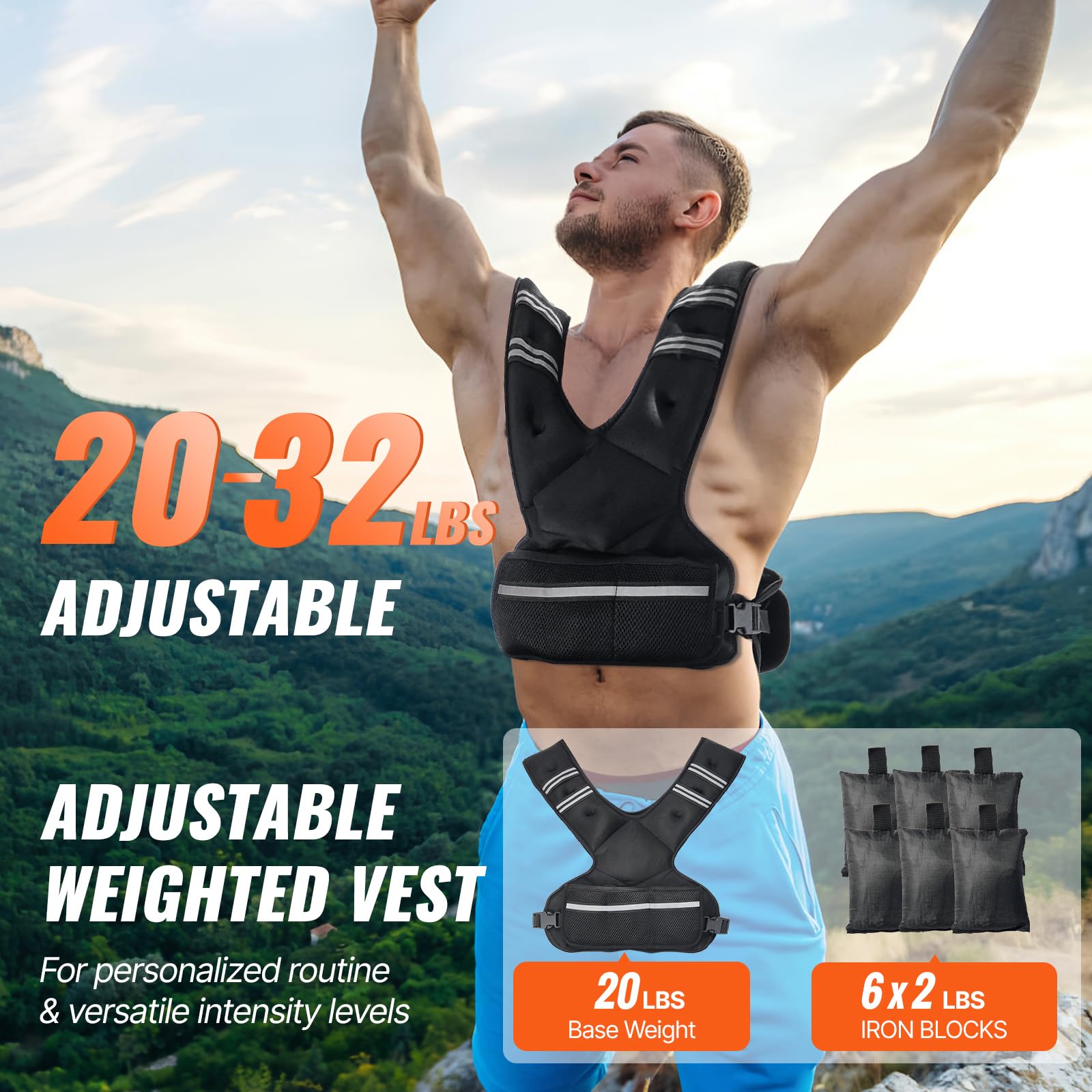 Happybuy Adjustable Weighted Vest, 20-32lb Weight Vest, 6 Ironsand Weights, Reflective Stripe, Body Weight Vest Exercise Set, for Men Women, Workout Equipment, Strength Training, Running, Jogging