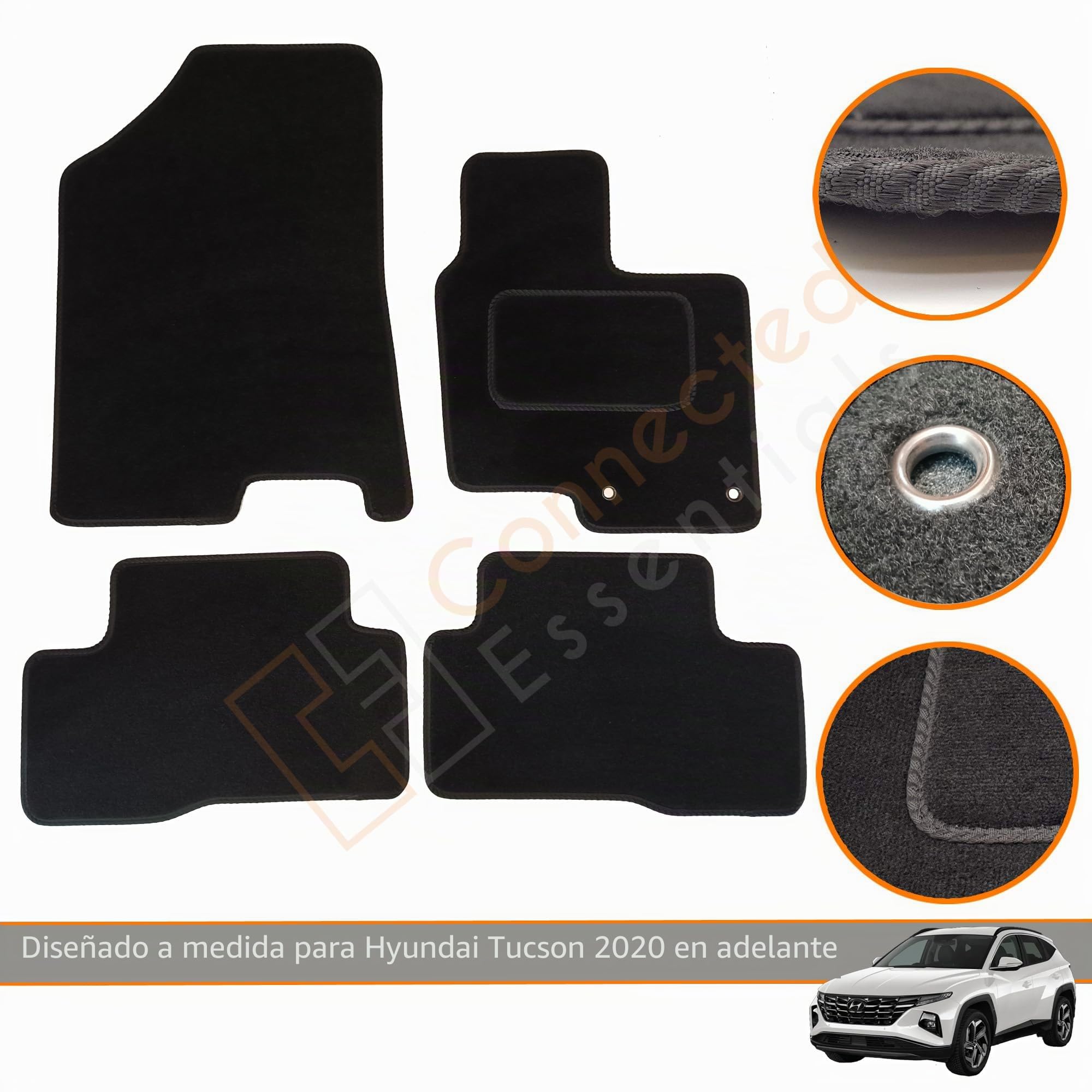 Alfombrillas a medida para Hyundai Tucson 2021-2025 HÍBRIDO, juego de 4 alfombrillas, negro con borde negro y 2 clips de seguridad