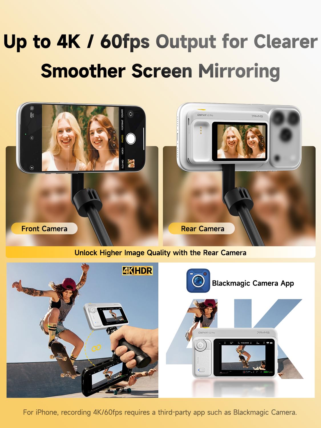 7RYMS Qshot V2 Pro Écran Selfie pour iPhone et Android, Moniteur Caméra Arrière 4K 30fps sans Fil / 4K 60fps Filaire, Télécommande sans Fil, pour Vlog, Live Streaming, TikTok, Youtube (Blanc)
