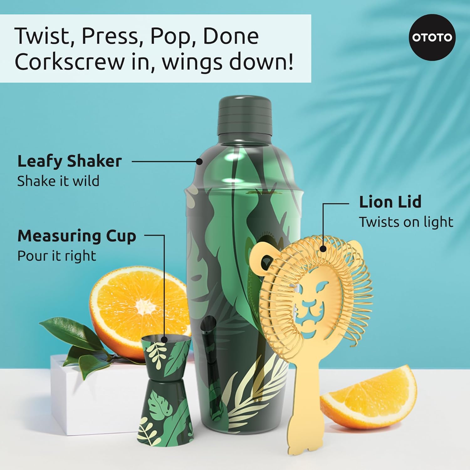 New - OTOTO Sip Safari Jungle Cocktail Shaker Set - Bartender Kit with Lion Cap, Bar Cart Accessories, Bartender Bar Accessories, Party Essentials, Cute Accessories, Unique Gifts, Kitchen Must Haves