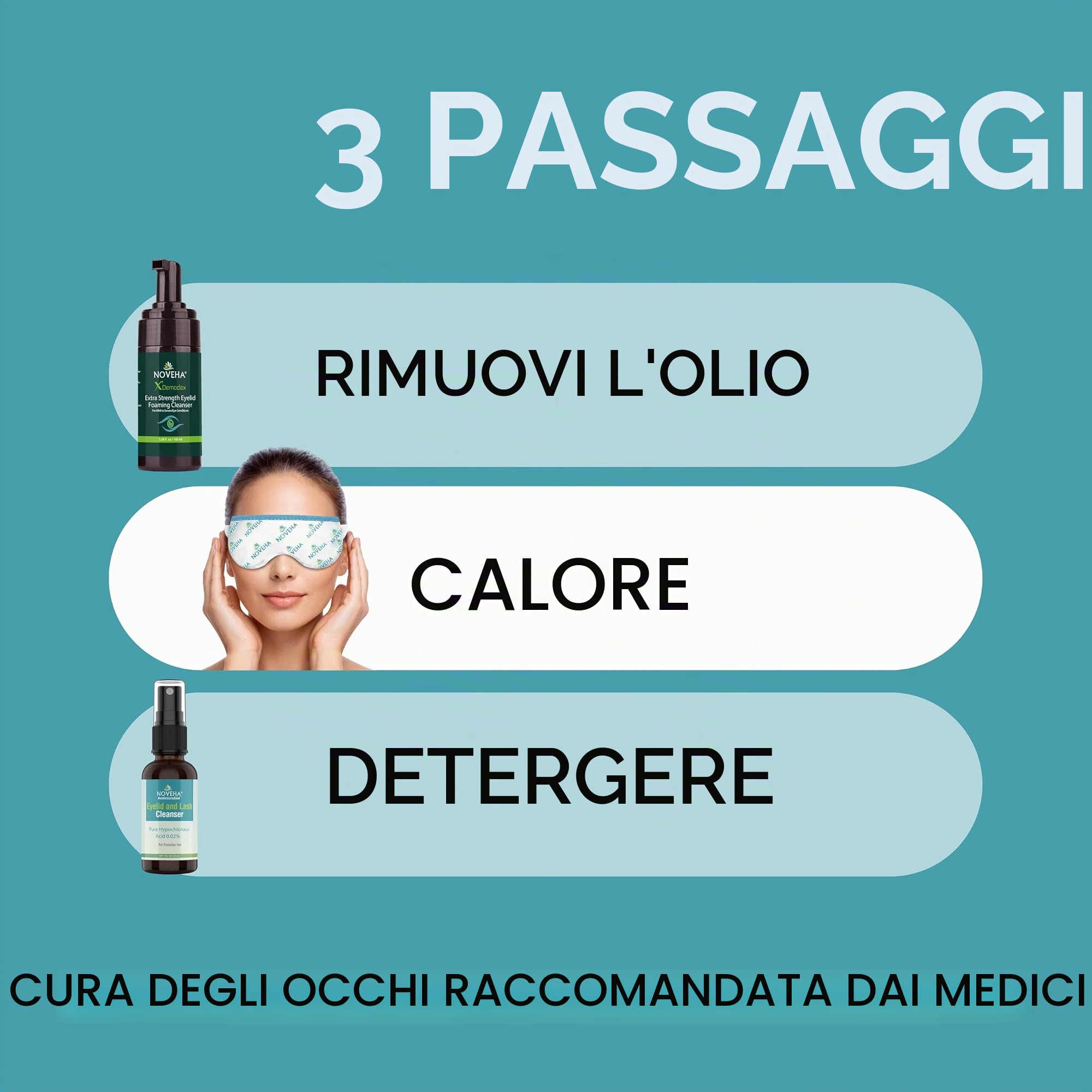 NOVEHA Schiuma Detergente Palpebrale per Demodex | Formula Extra Forte all'Olio di Tea Tree | Detergente Viso Quotidiano per Ciglia, Demodex, MGD, Orzocchi, Irritazioni Oculari e Secchezza Cutanea