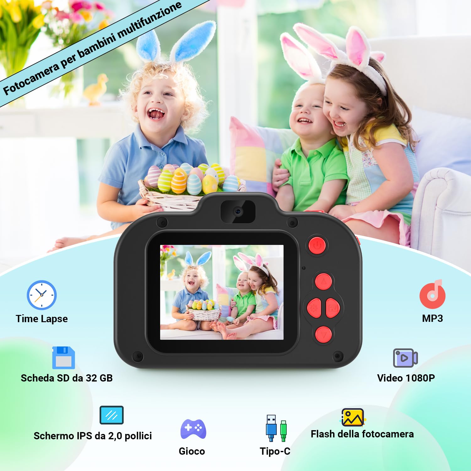Macchina Fotografica Bambini con Scheda 32 GB,1080P HD Ricaricabile Fotocamera Digitale Regalo Giocattolo di Natale & Compleanno 3-10 Ragazzi Ragazze