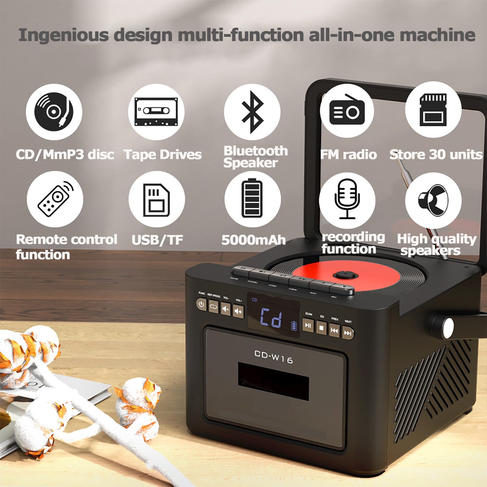 Reproductor de CD portátil, reproductor de casete Boombox Bluetooth 5.1 con batería de 5000 mAh, altavoces estéreo duales de 5 W, radio FM, grabación de cinta, pantalla LED, control remoto para viajes