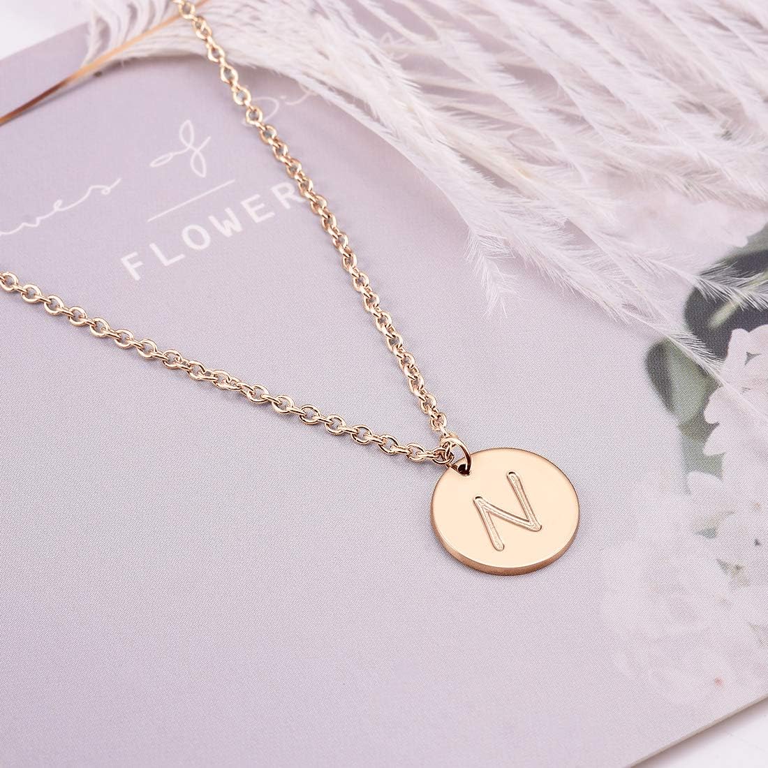 THREE KEYS JEWELRY Stainless Steel Initial Necklaces Rose Gold Silver Tone Alphabet 12mm / 0.47 Inches Tiny Disc Pendant Initial Necklace for Women Girls