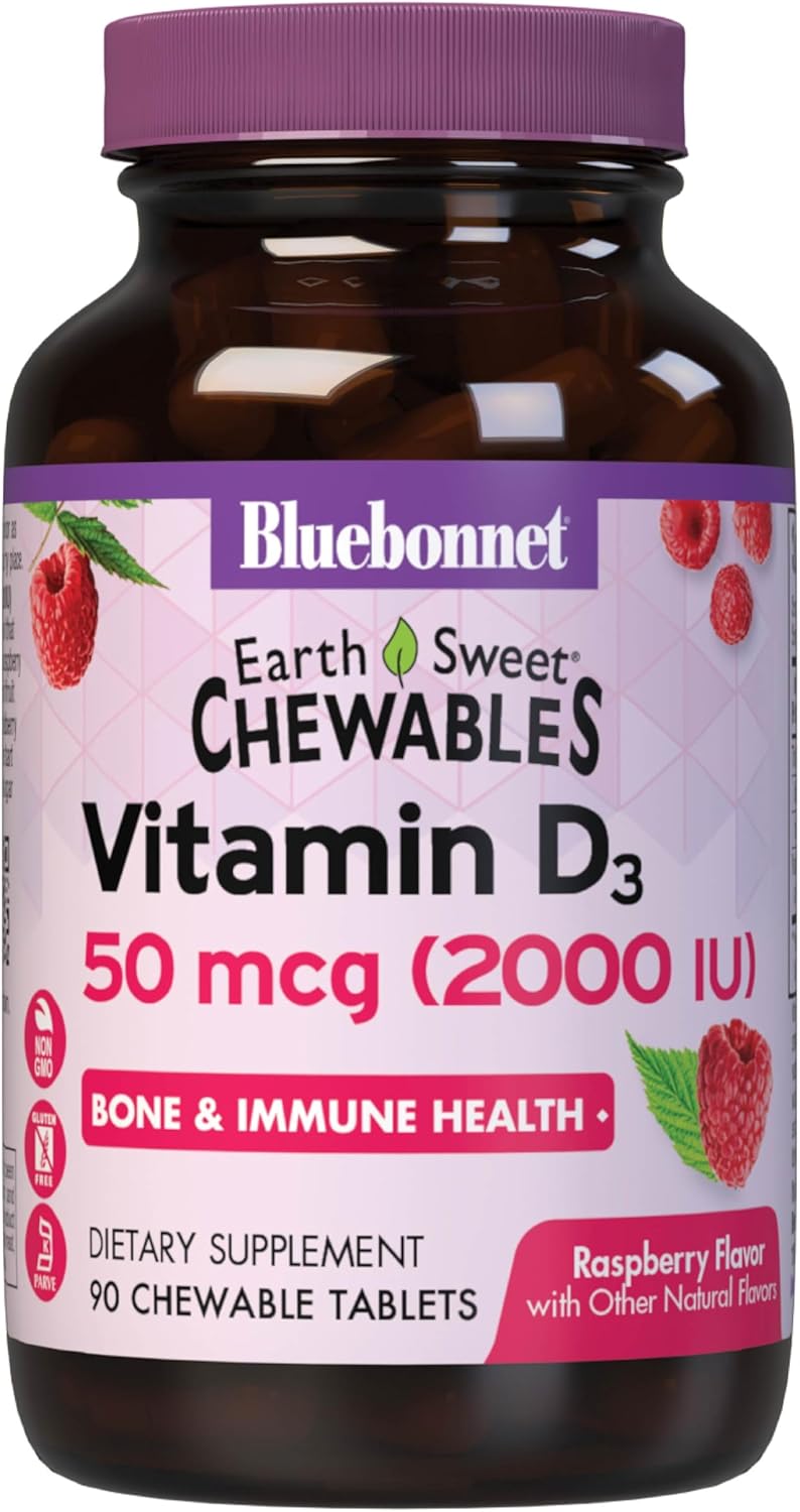 Bluebonnet Nutrition Earth Sweet Vitamin D3 2000 IU Chewable Tablets, Aids in Muscle and Skeletal Growth, D3, Non GMO, Gluten, Free, Soy Free, Milk Free, Kosher, 90 Chewable Tablets, Raspberry Flavor Bluebonnet Nutrition Earth Sweet Vitamin D3 2000 IU Chewable Tablets, Aids in Muscle and Skeletal Growth, D3, Non GMO, Gluten, Free, Soy Free, Milk Free, Kosher, 90 Chewable Tablets, Raspberry Flavor