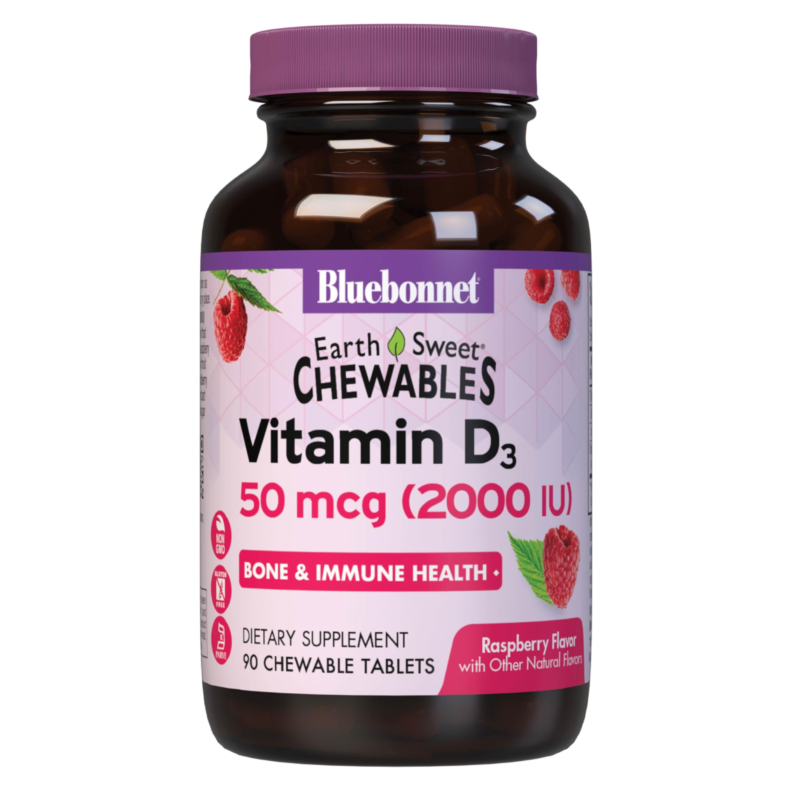 BlueBonnetNutrition Earth Sweet Vitamin D3 2000 IU Chewable Tablets, Aids in Muscle and Skeletal Growth, D3, Non GMO, Gluten, Free, Soy Free, Milk Free, Kosher, 90 Chewable Tablets, Raspberry Flavor