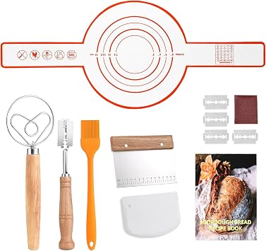 Danish Dough Whisk Set 7 Piece with Wooden Handle - Sourdough Baking Supplies Kit Includes Bread Whisk, Scoring Tool, Dough Scraper, Baking Mat & Pastry Brush - Top Gadgets for Bakers