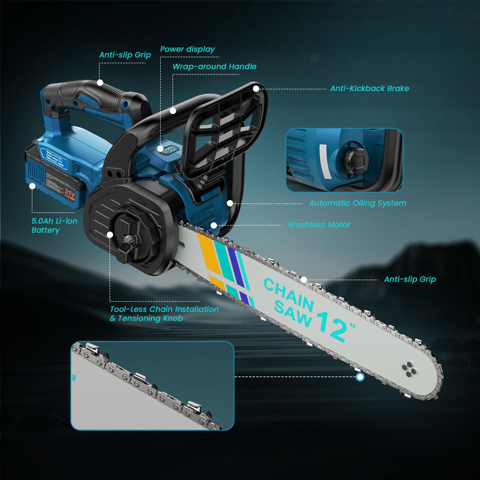 Motosierra sin escobillas de 12 pulgadas compatible con baterías Makita, sierra de jardín eléctrica inalámbrica con 2 baterías de 4Ah y cargador, lubricación automática, para jardín y corte de madera - 2