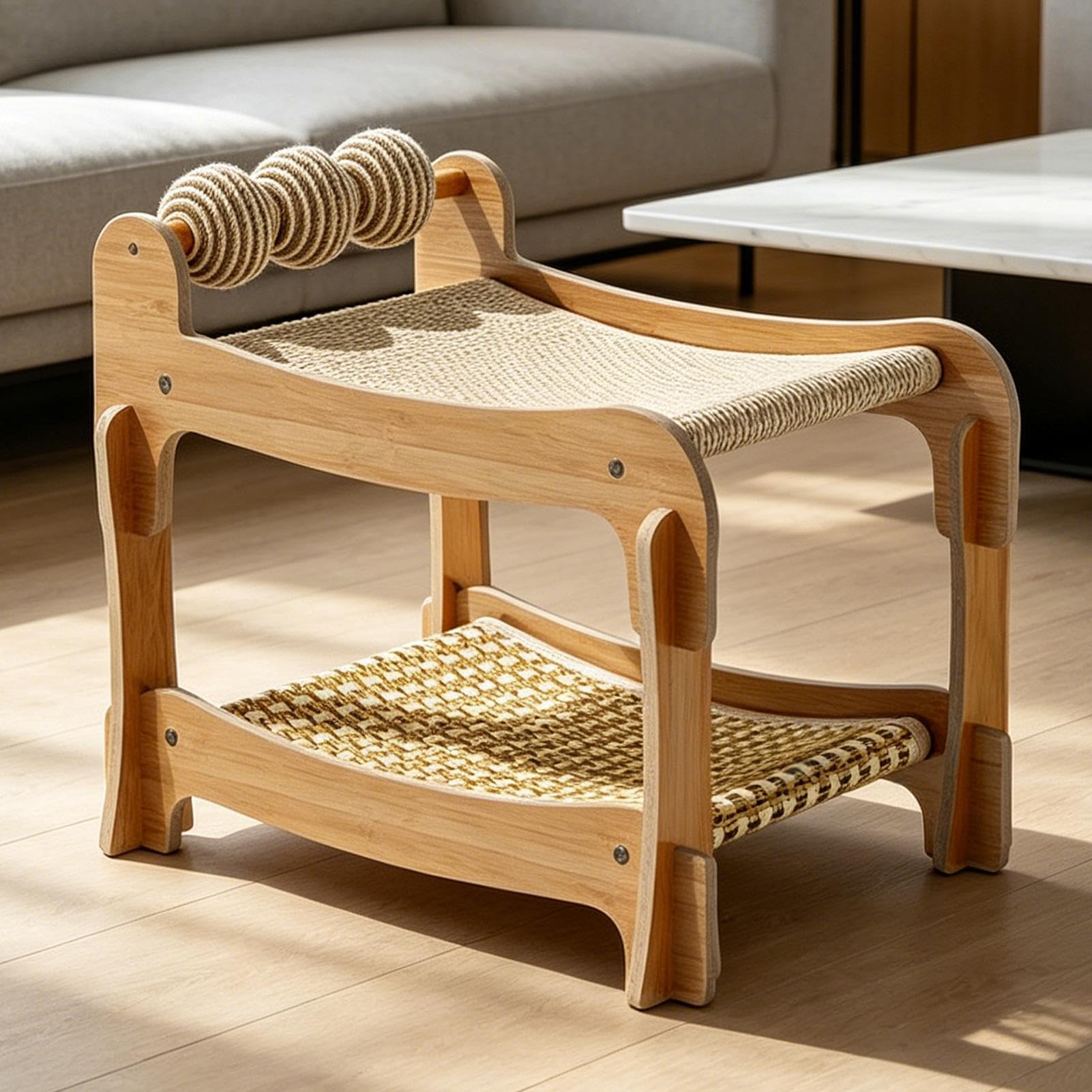 Cama Elevada para Gatos 2 Capas Elevado, Transpirable, Madera y Lavable | Rascador Cama Litera para Mascotas Felinas En Hogar, Dormitorio, Apartamento, Habitación, Salón, Residencia, Piso, Cuarto,