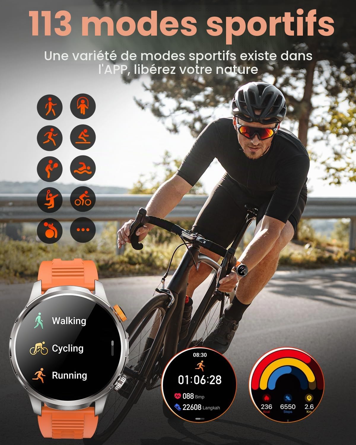 Montre Connectée Homme 1000mAh/5ATM Étanche/LED Lampe, 1.91" AMOLED Militaire Smartwatch Homme avec Appel Bluetooth, 113 Modes Sportifs, 24H Sommeil/Fréquence Cardiaque/Podomètre Android iOS Argenté