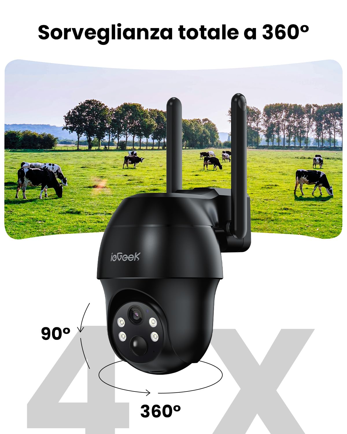 ieGeek 4G Telecamere da Esterno senza Fili, 2K 3MP Telecamera Pannello Solare con Sim, Batteria 10000mAh,PTZ 360°,Rilevamento PIR, Visione Notturna a Colori,IP65,senza WiFi