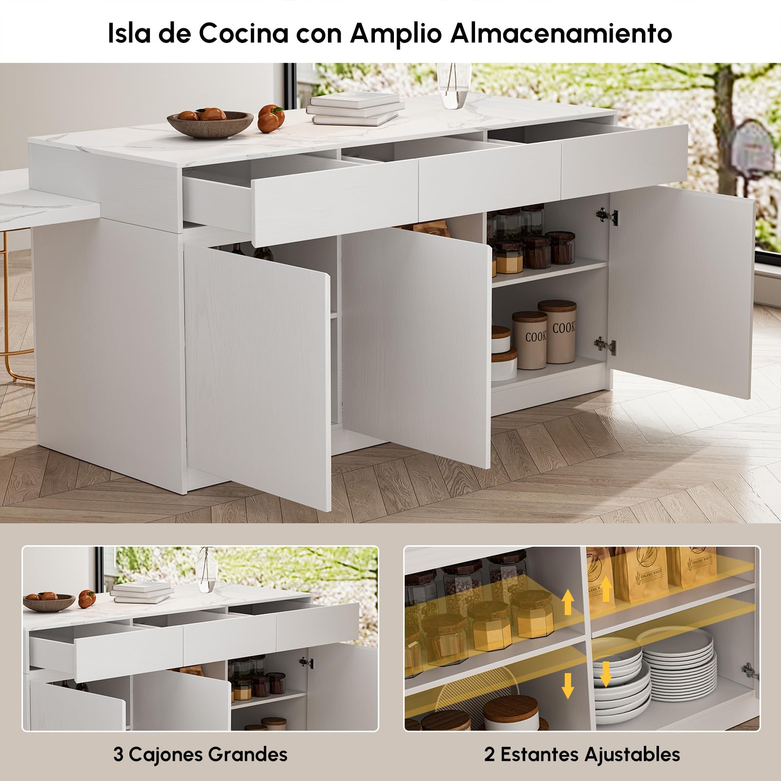 Homary Isla de Cocina Extensible con Almacenamiento múltiple para Cocina y Comedor, hacia la Derecha 205-268cm x 90cm