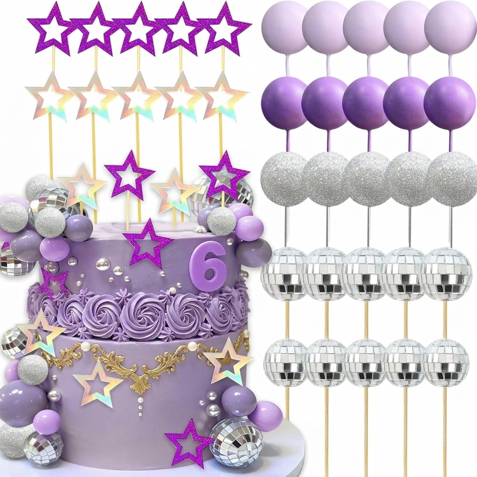 Disco Ball Cake Decorations: 35 Pcs Purple Star & Disco Balls Cake Topper Set – Singer Theme Party Supplies for Birthday & Baby Shower