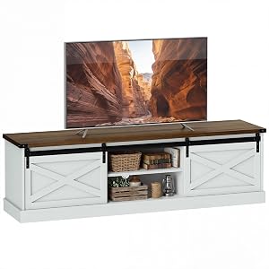 HOMCOM TV Stand for TVs up to 65 Inch, Farmhouse Entertainment Center with Shelves, Cabinets, Thick Top, Sliding Barn Doors, Media Console Table for Living Room, White Wood Grain