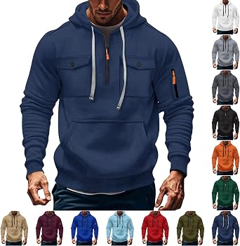 Mens Fashion Hoodies & Sweatshirts Quarter-Zip Drawstring Hooded Shirts Causal Long Sleeve Tactical Cargo Pullover