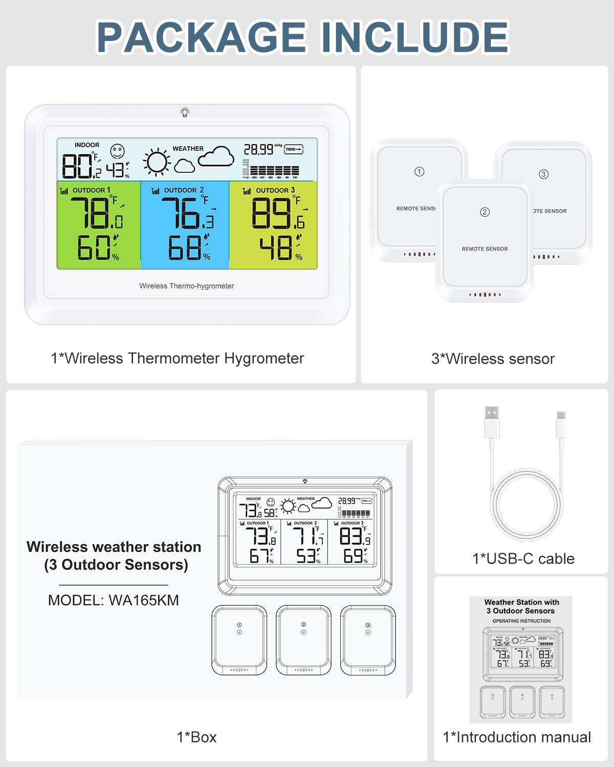 Wetterstationen mit Außensensor, kabellos, Innen- und Außenthermometer, Hygrometer mit 3 Sensoren, digitales Thermometer, Luftfeuchtigkeit mit Farbdisplay, Hintergrundbeleuchtung