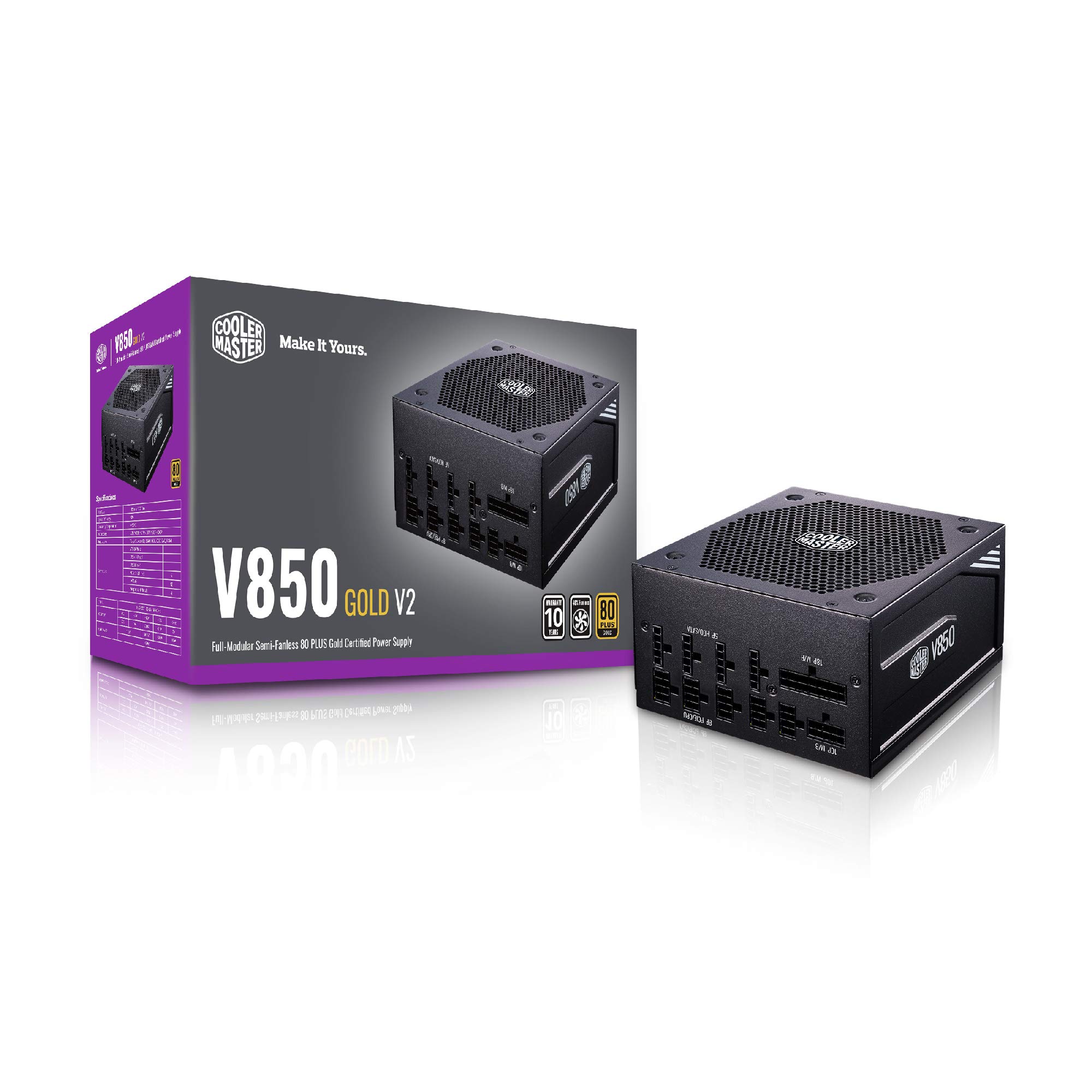 Cooler Master V850 Gold V2 PSU, Enchufe EU: 850W, 80 PLUS Gold, Modular Total, Fuente de Alimentación ATX, Ventilador FDB 135mm, Modo Semi-Fanless, 10 Años Garantía, Cables PCI-e 16AWG, Edición Negra