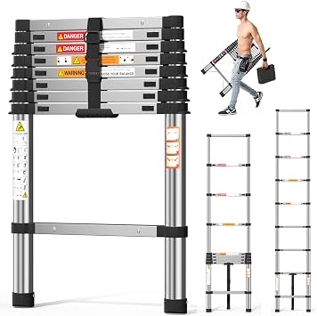2.6m Thickened Telescopic Ladder Straight Ladder 8.5FT Extendable Ladder Stainless Steel Telescoping Ladder Step Ladders 330lbs Capacity, Stronger than Aluminum Ladder