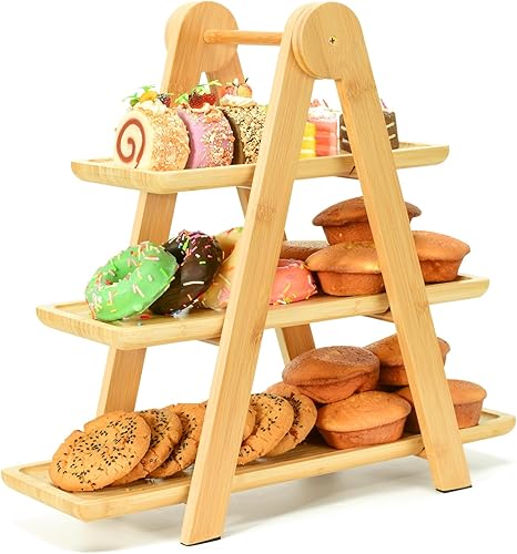 Miniatura 6 de Bandeja de bambú de 3 niveles para servir fiestas, soporte de madera para cupcakes, bandeja rectangular para servir, bandeja plegable para servir